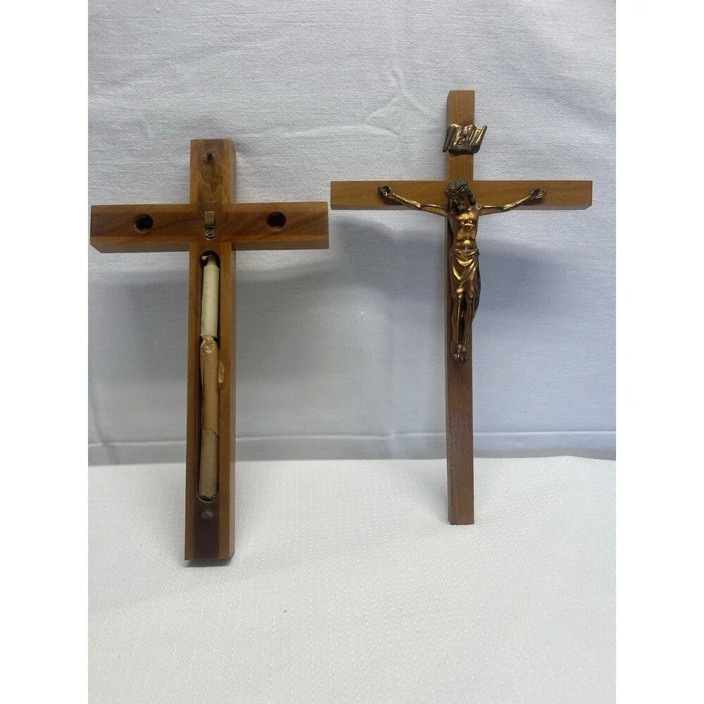 Vintage 15” Wood & Brass INRI Crucifix Jesus Cross Catholic Christian Candle 2pc
